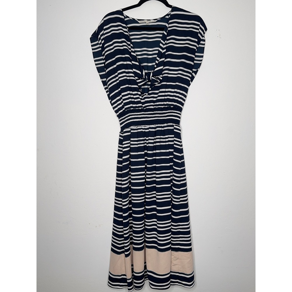 Rachel‎ Rachel Roy Navy White Striped Smocked Waist Midi Dress XL Pockets V-Neck